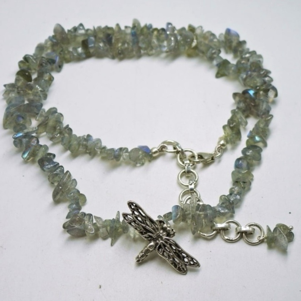 Labradorite Chip Bead Necklace w/ Sterl Silver clasp‎ & dragonfly pendant 19"